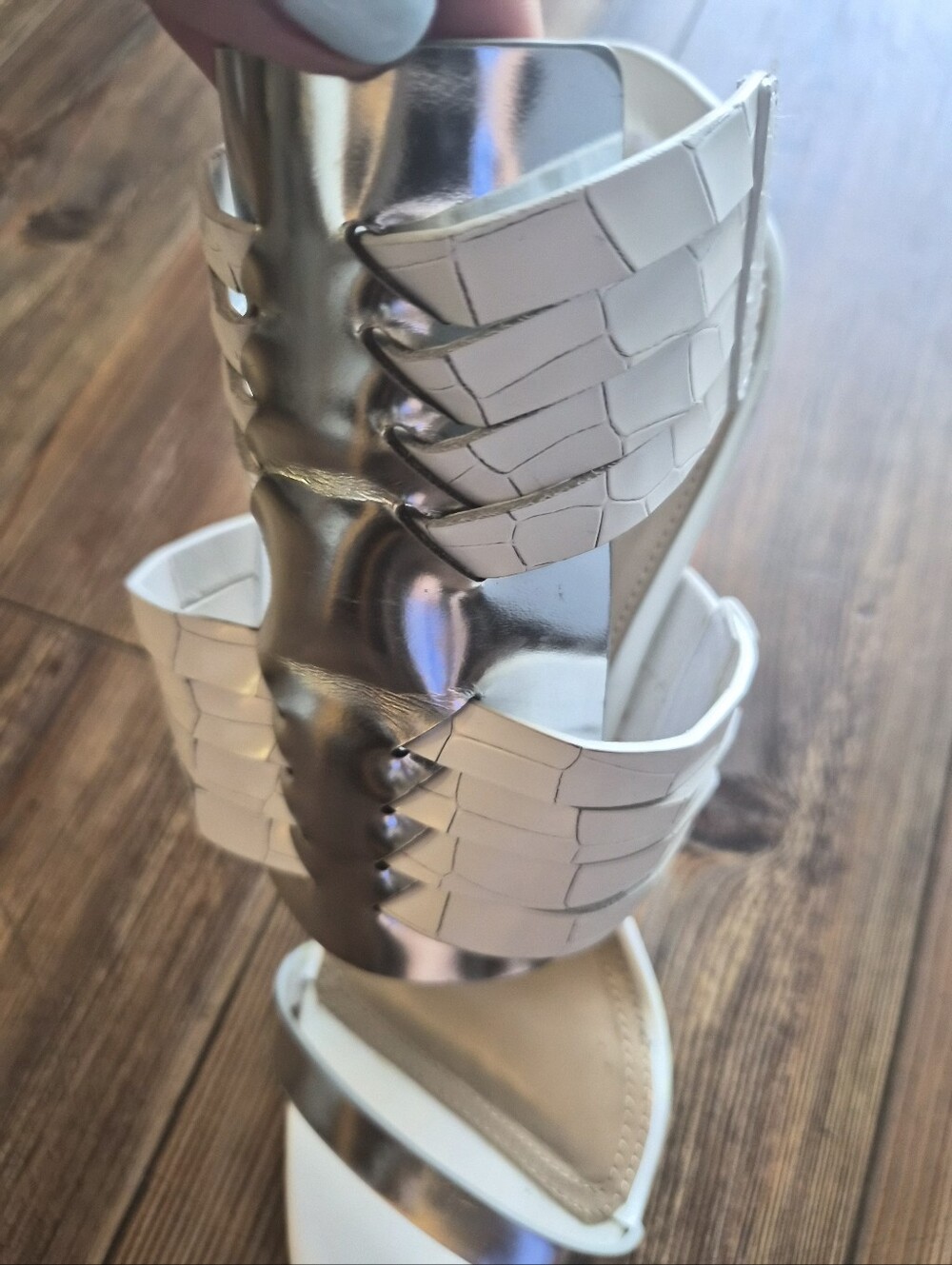 BCBGMaxAzria Vanny White and Metallic Silver Wedge Sandals- Size 10 - Picture 4 of 11